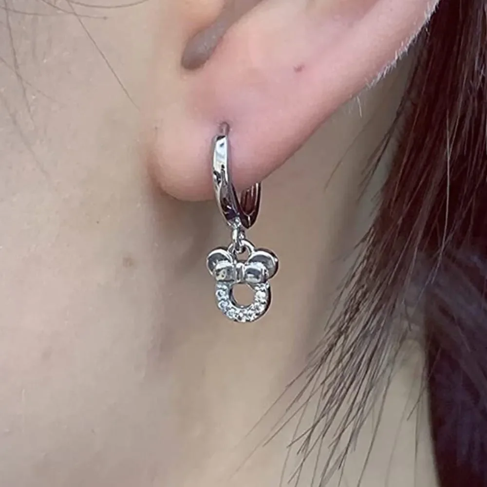 925 Sterling Silver and Diamond Cubic Zircona Minnie Mouse Hoop Huggie Earrings